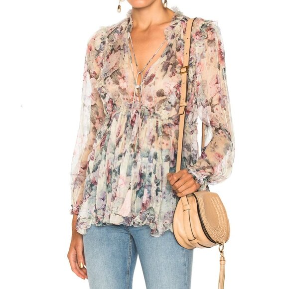Zimmermann Jasper Floral Ruffle Sheer Blouse Top Size 1 Small b75E - Picture 3 of 10